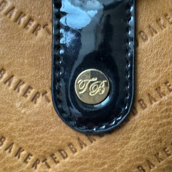 Ted Baker Tan Leather Satchel Bag/Purse Patent Handles All Over Logo - Picture 4 of 12